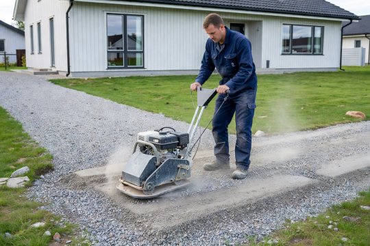 Työntekijä tiivistämässä sorapolun kantavaa murskekerrosta maantiivistäjällä omakotitalon pihalla